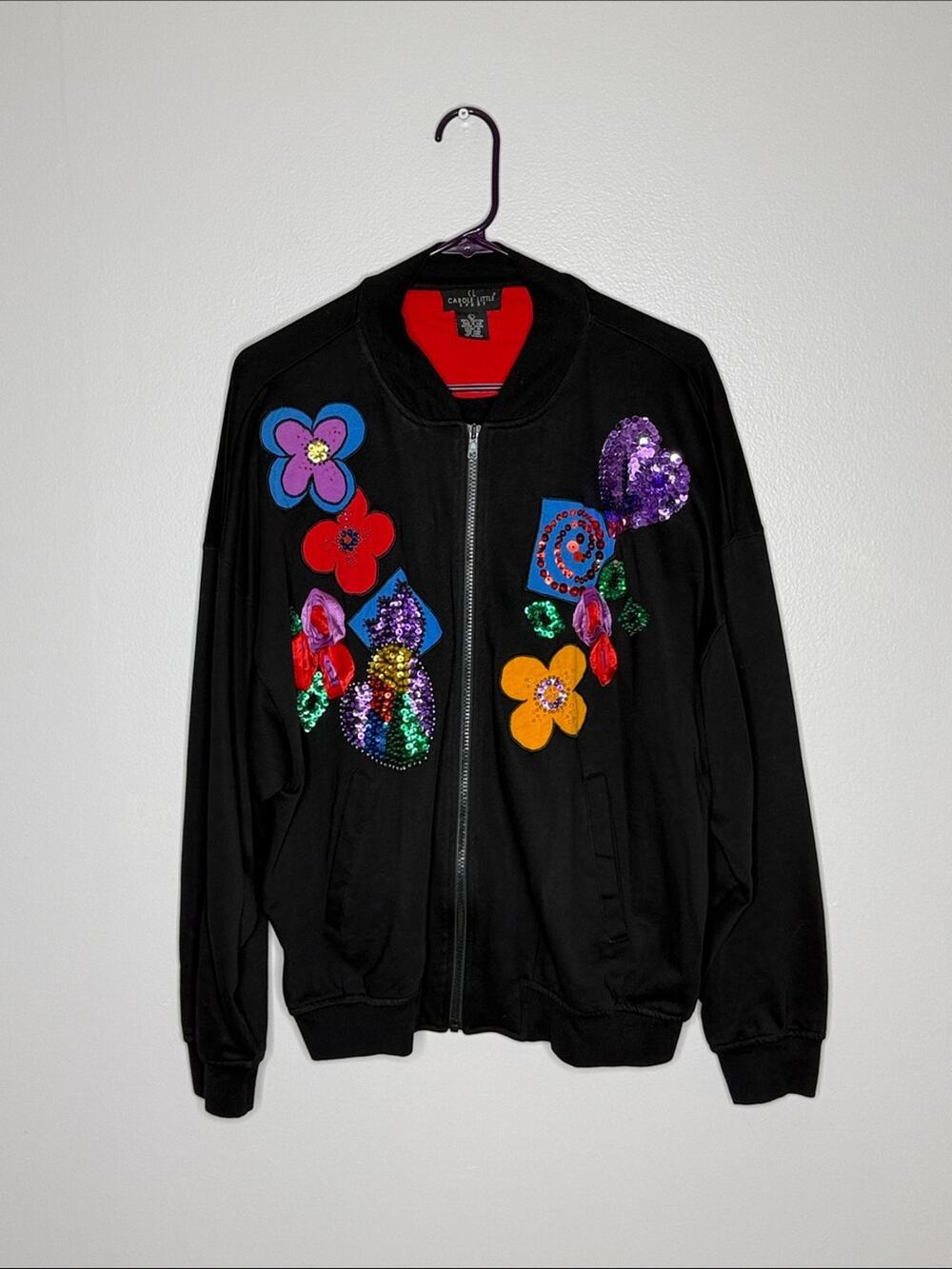 Carole Little Black Jacket with Red Lining and Multicolor Floral Size Large